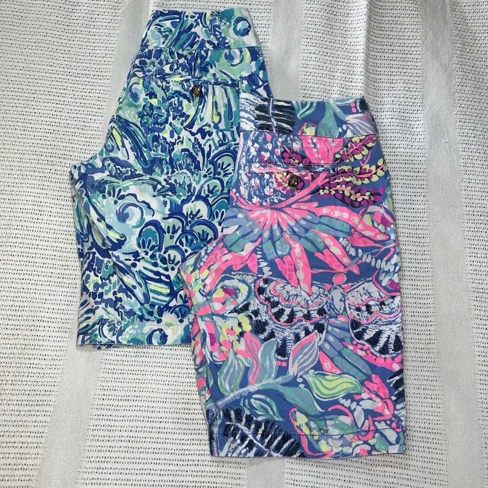 Two Lilly Pulitzer Chipper Shorts Womens 00 10" Inseam Two Pink Blue